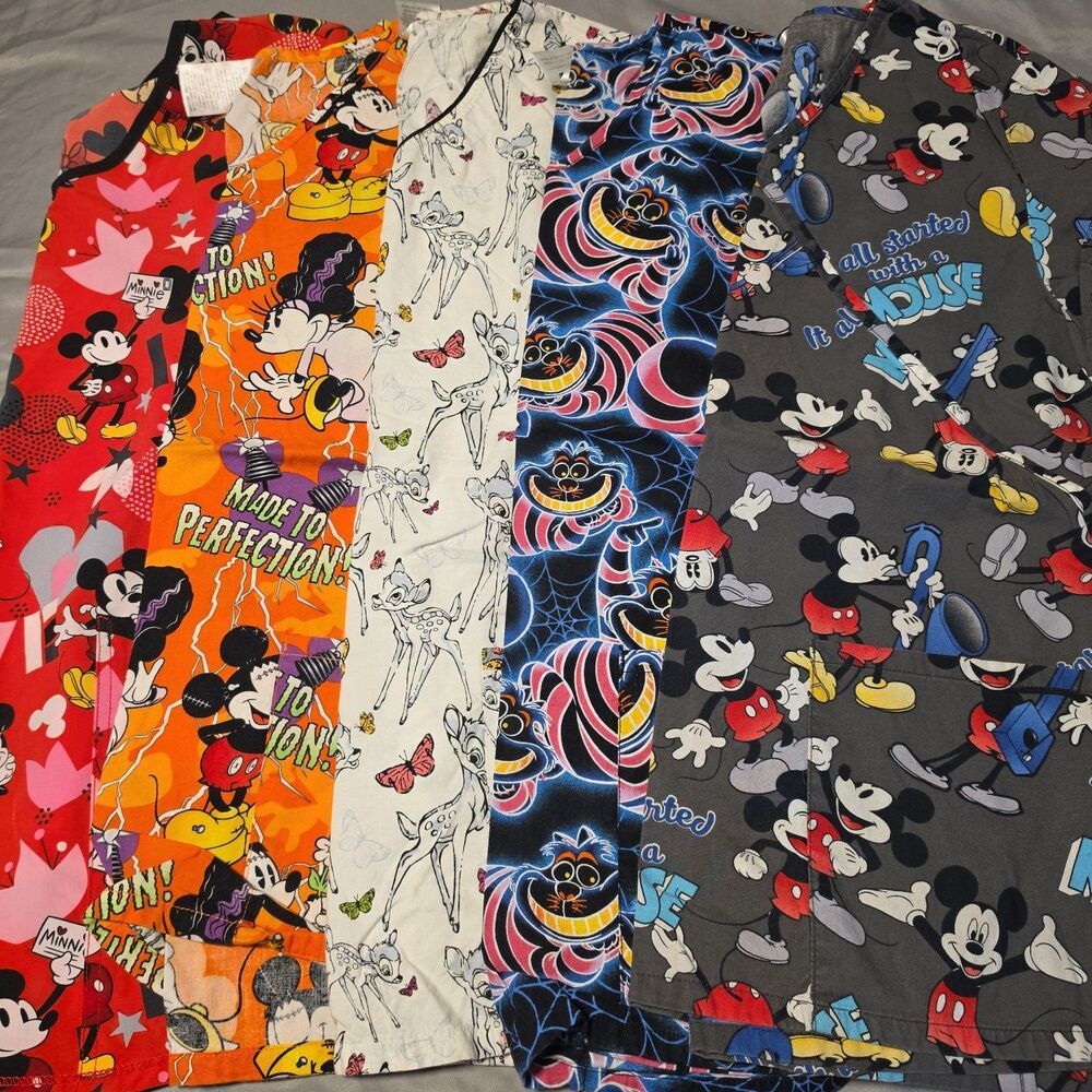 Lot of 5 Disney Scrubs Tops S Mickey Minnie Mouse Bambie Cheshire Cat Alice In